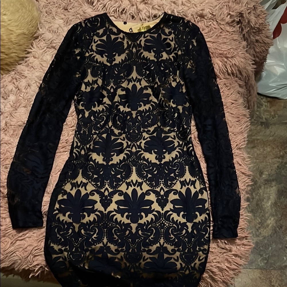 H&M Black and Tan Bodycon Dress with Bishop Sleeves